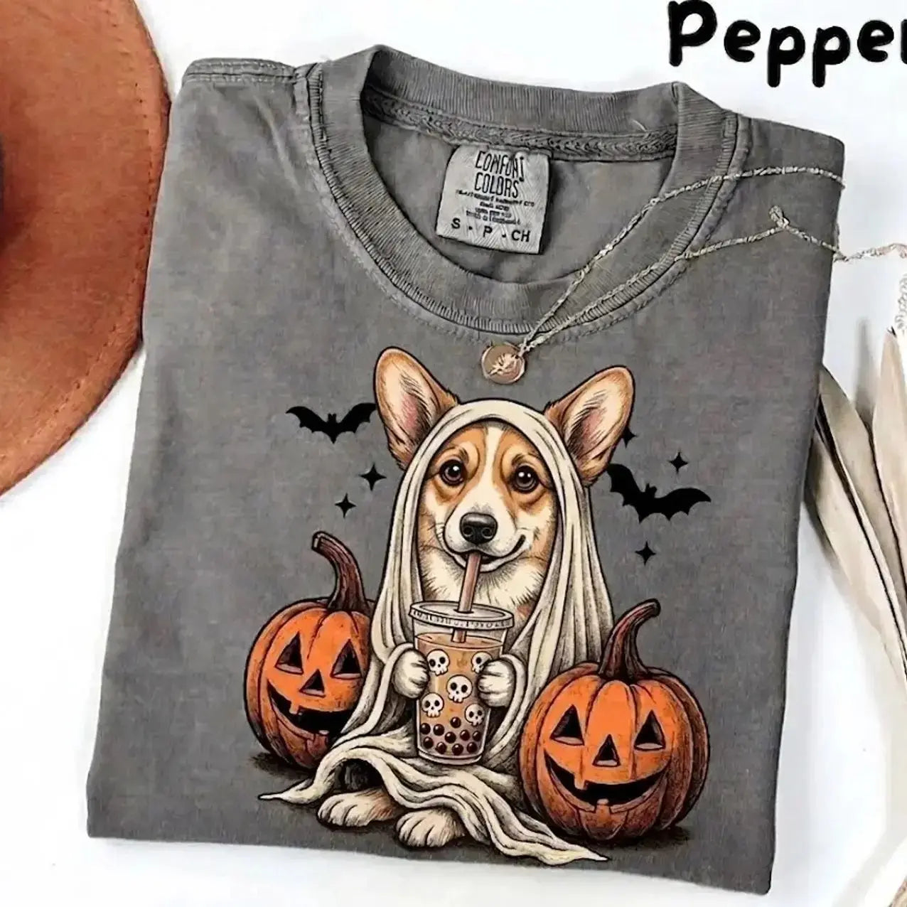 Comfort Colors Pepper Dog Shirt Custom Ghost Boba Tea Halloween Tee