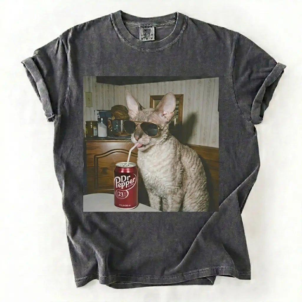 Comfort Colors 50+ Cat Breeds Drinking Soda Shirt – Vintage 90s Funny Edgy Cat Meme Tee