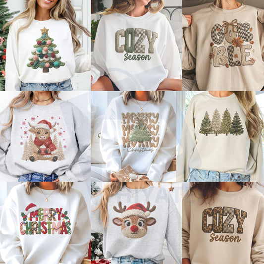 Cozy Season Holiday Sweatshirt: Trendy Christmas Trees, Reindeer, Highland Cow & Gingerbread Crochet Print Pullover - Hiyatee