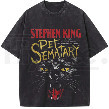 Creepy Black Cat Thriller Graphic Tee – Vintage Book Thriller Acid Washed Streetwear Shirt - Hiyatee