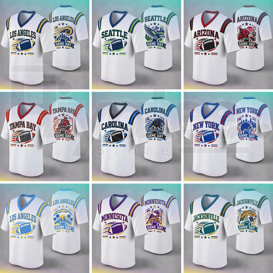 Custom Football Fan Jersey, White Mesh V-Neck Game Day Top, Unisex American Football Apparel for All 32 Teams - Hiyatee