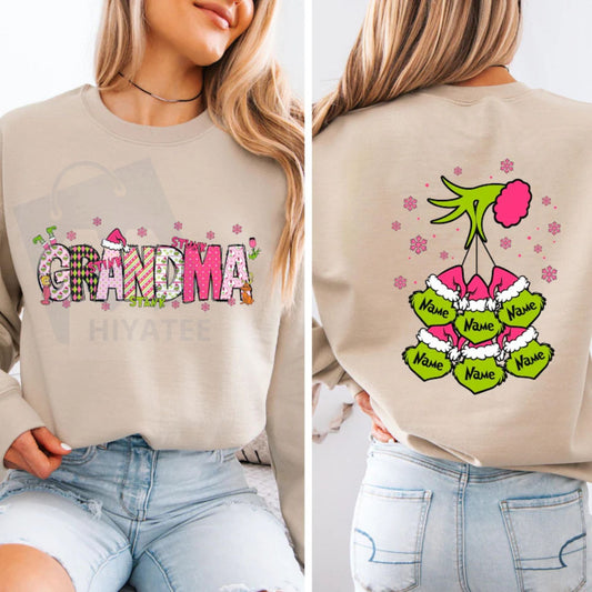 Custom Grinch Grandma Kid Name Sweatshirt: Retro Christmas Nana Shirt, Personalized Family 2025 Gift - Hiyatee
