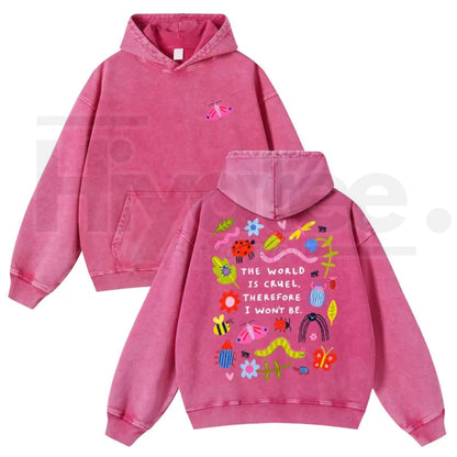 Cute Bug Print Washed Hoodie – "The World Is Cruel" Slogan, Vintage 380g Heavyweight Graphic Sweatshirt - Hiyatee