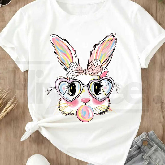 Cute Easter Bunny Bubblegum T-Shirt – Colorful Rabbit with Heart Glasses Tee - Hiyatee
