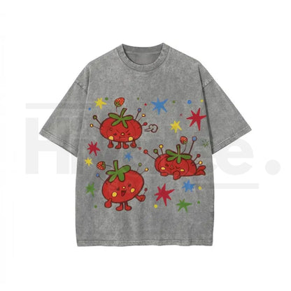 Cute Tomato Graphic Vintage Washed T-Shirt – Batik Cotton Oversized Unisex Tee - Hiyatee