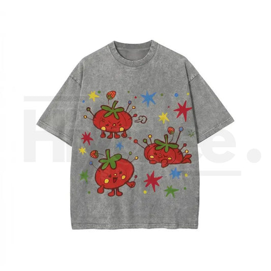 Cute Tomato Graphic Vintage Washed T-Shirt – Batik Cotton Oversized Unisex Tee - Hiyatee