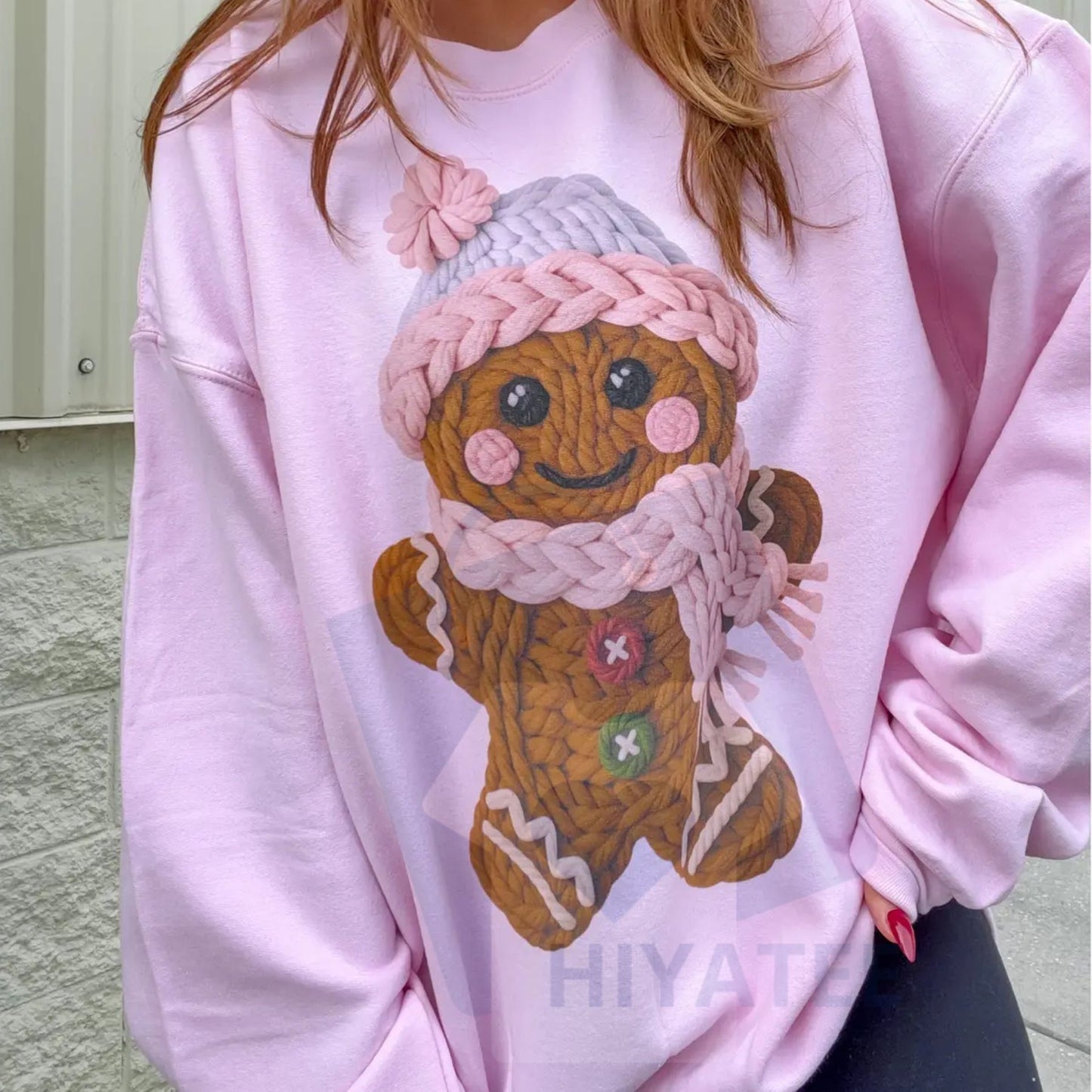 Cute Yarn Gingerbread Graphic Top: Faux Stitch Christmas Sweater, Cozy Holiday Crewneck Pullover, Unisex Festive Apparel - Hiyatee