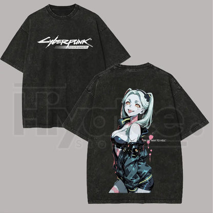 Cyberpunk: Edgerunners Rebecca Vintage Washed T-Shirt – Chrome-Infused Anime Streetwear - Hiyatee