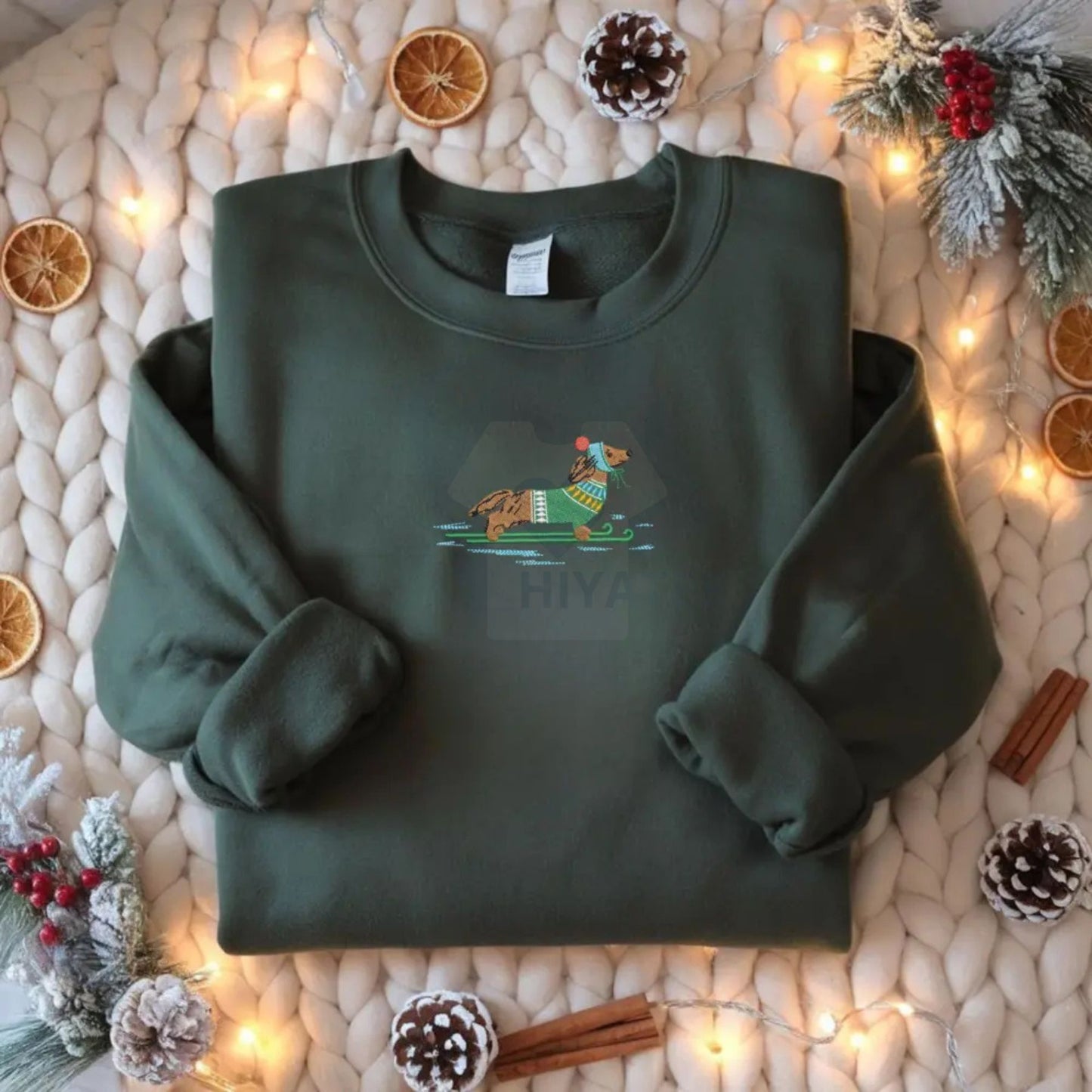 Dachshund on Skis Embroidered Sweatshirt – Funny Christmas Dog Crewneck & Winter Pullover - Hiyatee