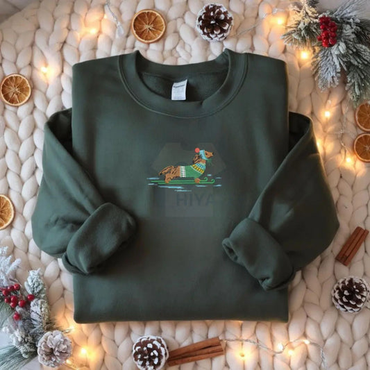 Dachshund on Skis Embroidered Sweatshirt – Funny Christmas Dog Crewneck & Winter Pullover - Hiyatee