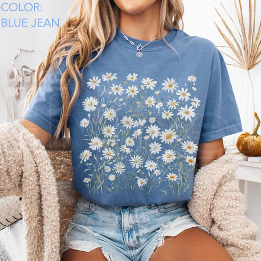 Daisy Flower Shirt Comfort Colors Wildflowers Cottagecore Botanical Tee - Hiyatee