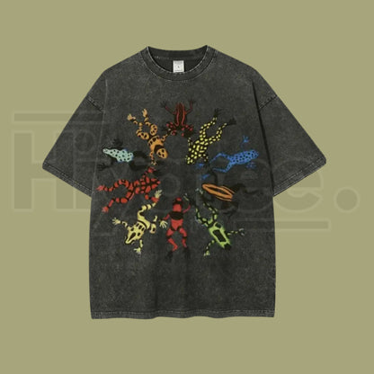 Dancing Frog Vintage Washed T-Shirt – Batik Cotton Oversized Funny Graphic Tee - Hiyatee