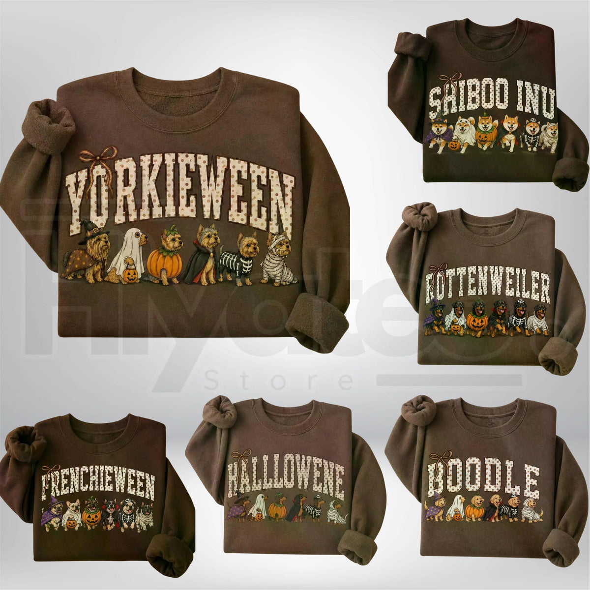 Dark Chocolate 30+ Halloween Dog Breeds Sweatshirt – Spooky Season Dog Mom Crewneck, Cozy Autumn Dog Lover Pullover - Hiyatee