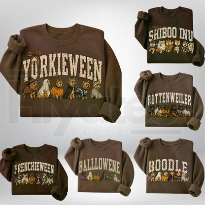 Dark Chocolate 30+ Halloween Dog Breeds Sweatshirt – Spooky Season Dog Mom Crewneck, Cozy Autumn Dog Lover Pullover - Hiyatee