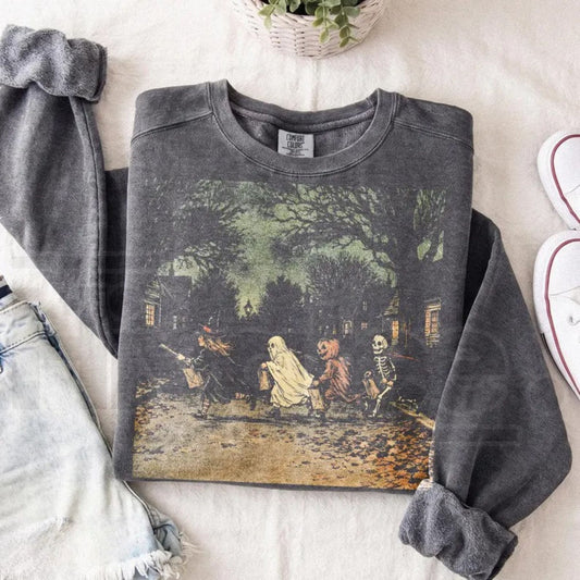 Dark Halloween Sweatshirt – Vintage Gothic Skeleton & Spooky Witch Graphic Crewneck, Ghost Pumpkin Dark Fantasy Apparel.- Hiyatee