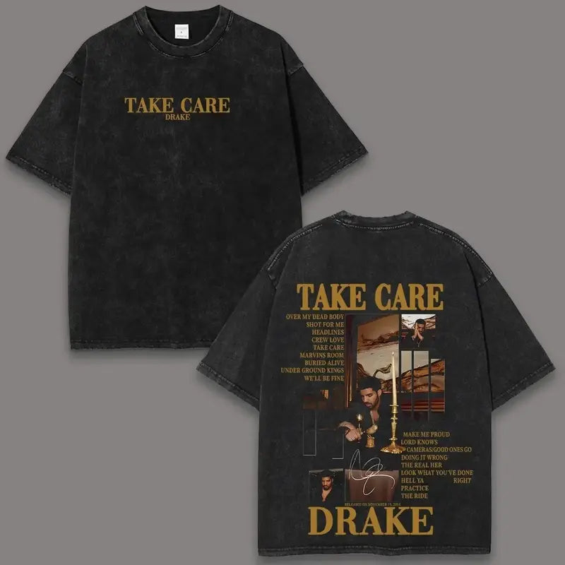 Drake Take Care Acid-Washed T-Shirt – Vintage 90s Rap Album Cover Graphic Tee-Hiyatee