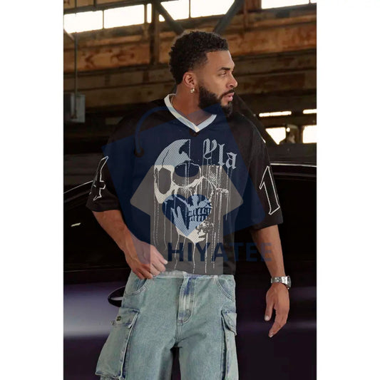 Drippy Skull Mesh V-Neck Jersey – Edgy Streetwear Jersey with Breathable Mesh Fabric - Hiyatee