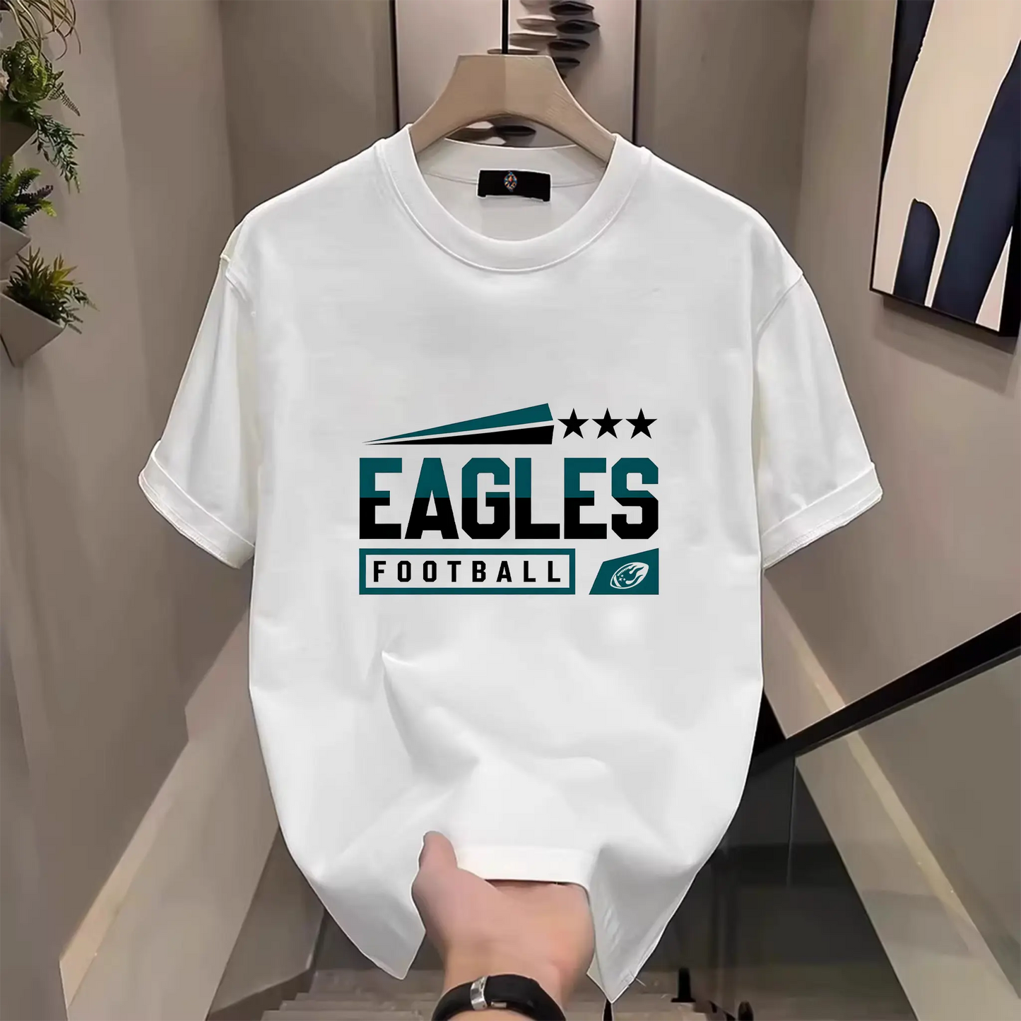 Men's Three Star Football Graphic T-Shirt – Sport Fan Game Day Crewneck Tee