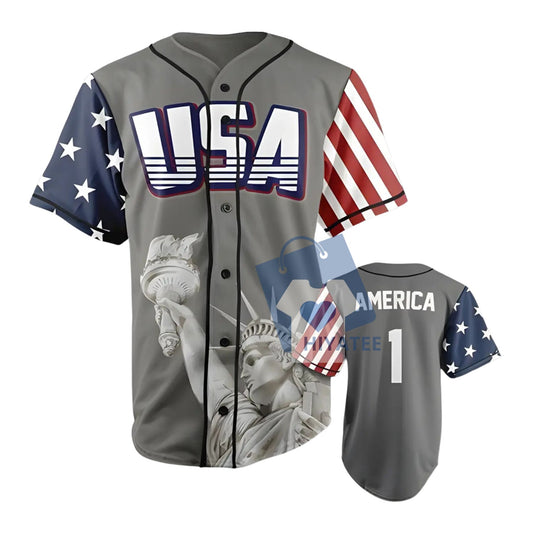 EAGLE SIX USA Patriotic Baseball Jersey – Statue of Liberty Graphic, American Flag Sportswear, 4th of July Shirt-Hiyatee