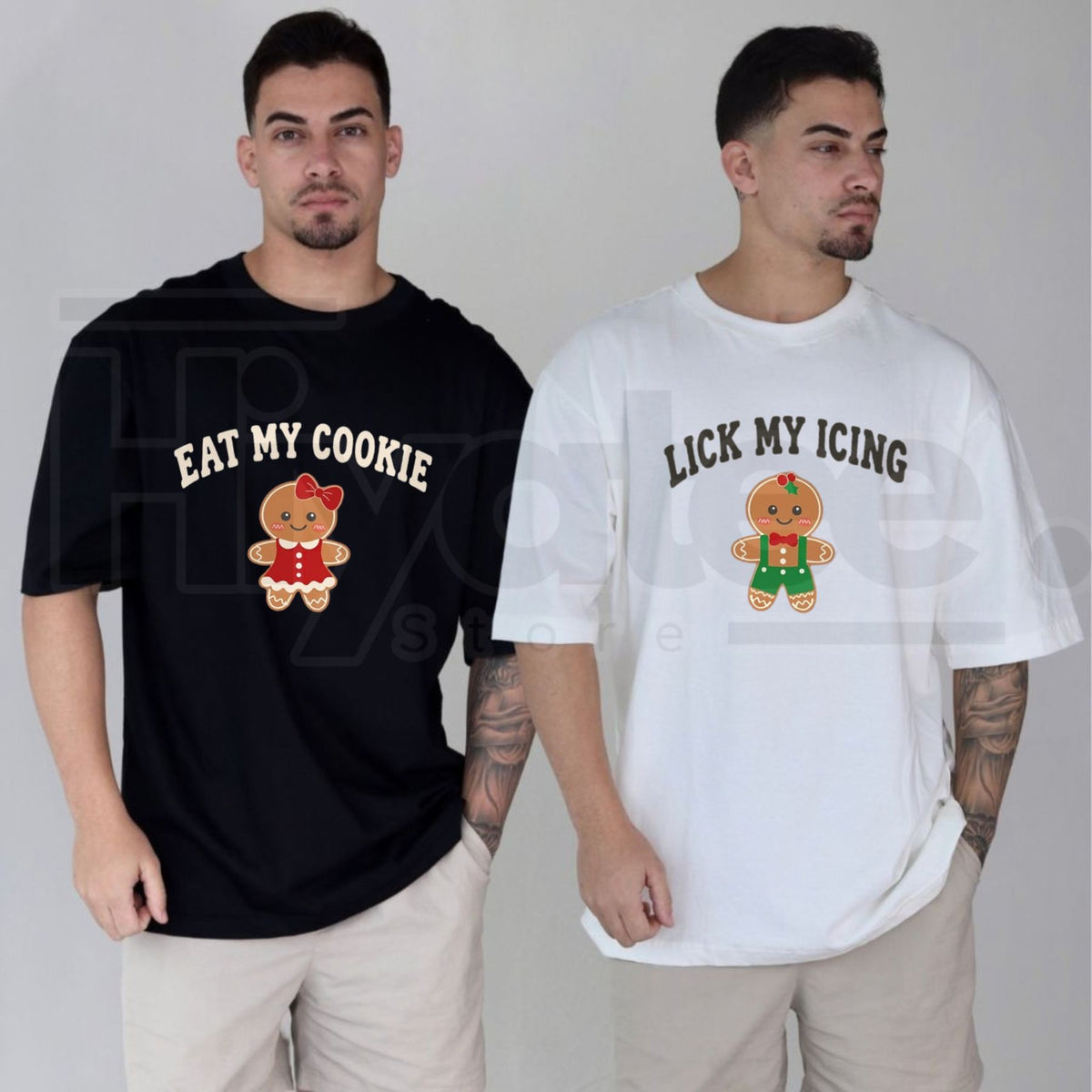 Eat My Cookie & Lick My Icing Matching Christmas Couples T-Shirts – Funny Gingerbread Holiday Graphic Tees - Hiyatee
