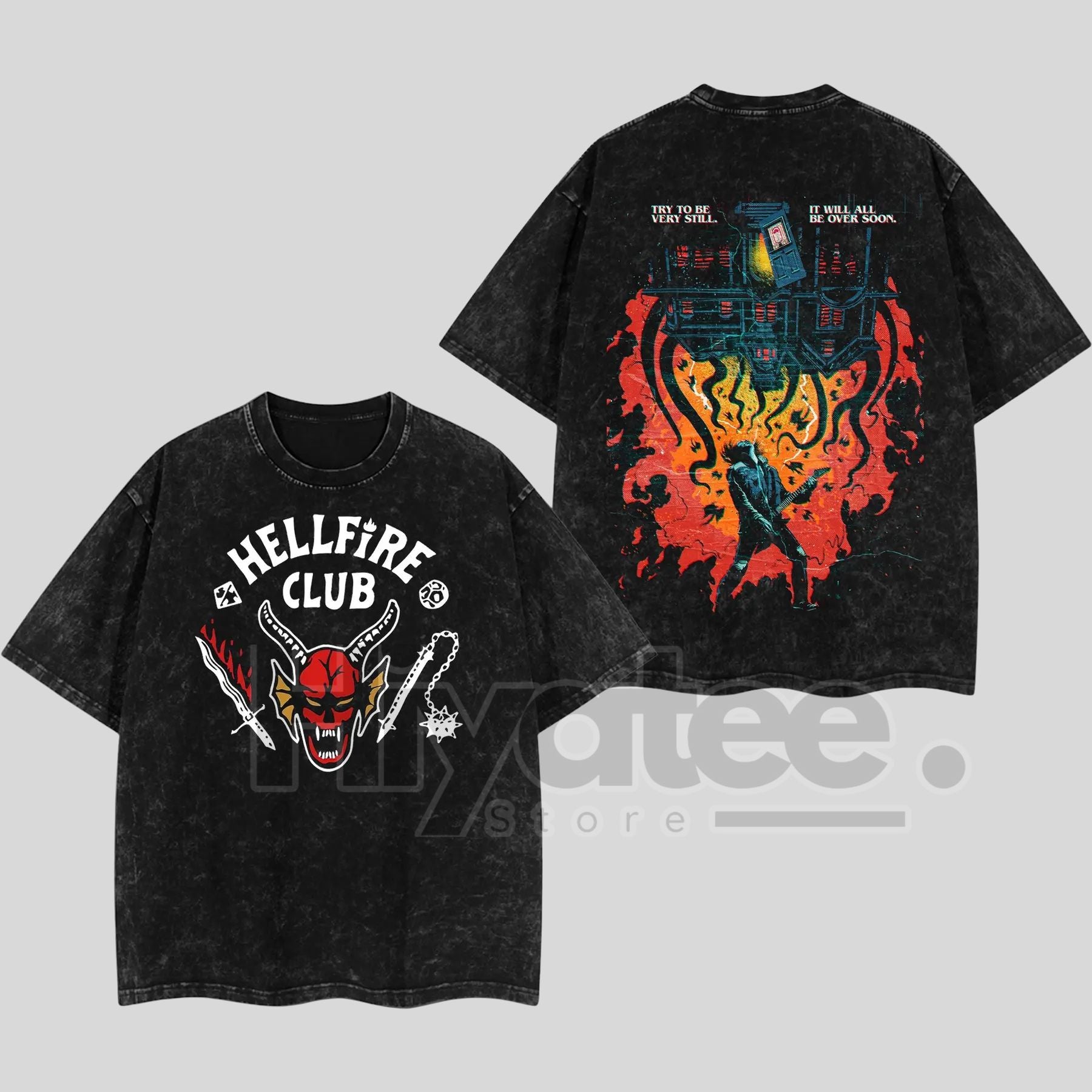 Eddie Munson Hellfire Club T-Shirt – Double Printed Acid Wash Oversize Stranger Things Tee - Hiyatee
