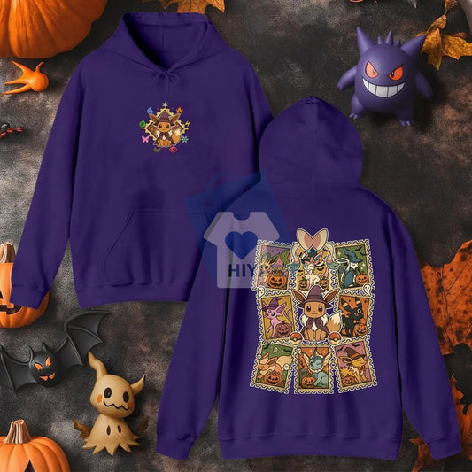 Eevee Halloween Evolutions Hoodie – Cute Spooky Umbreon, Sylveon, Espeon, Vaporeon & Flareon Sweatshirt for Pokémon Fans-Hiyatee
