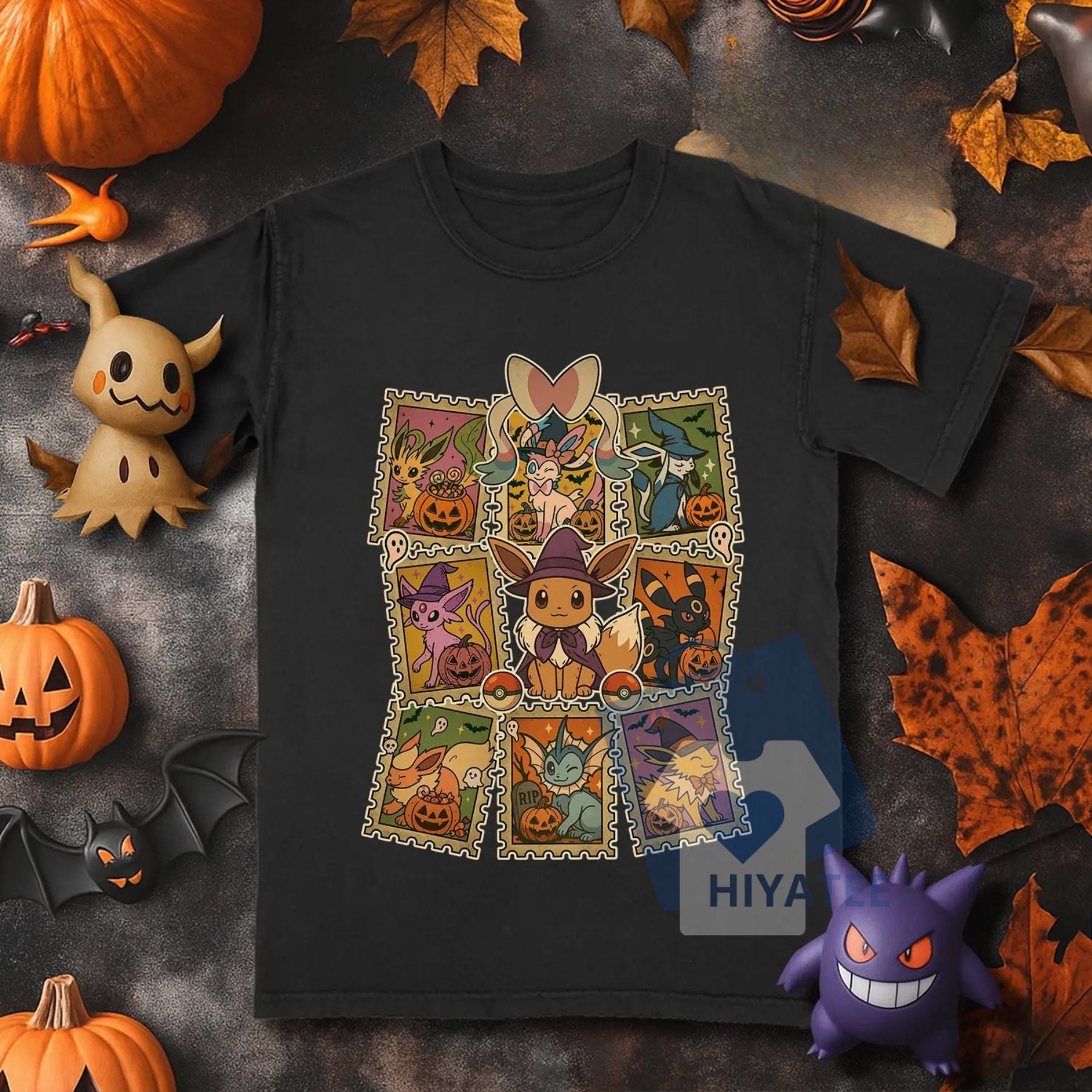 Eevee Halloween Evolutions T-Shirt – Cute & Spooky Umbreon, Espeon, Vaporeon, Flareon, Sylveon Graphic Tee for Pokémon Fans-Hiyatee