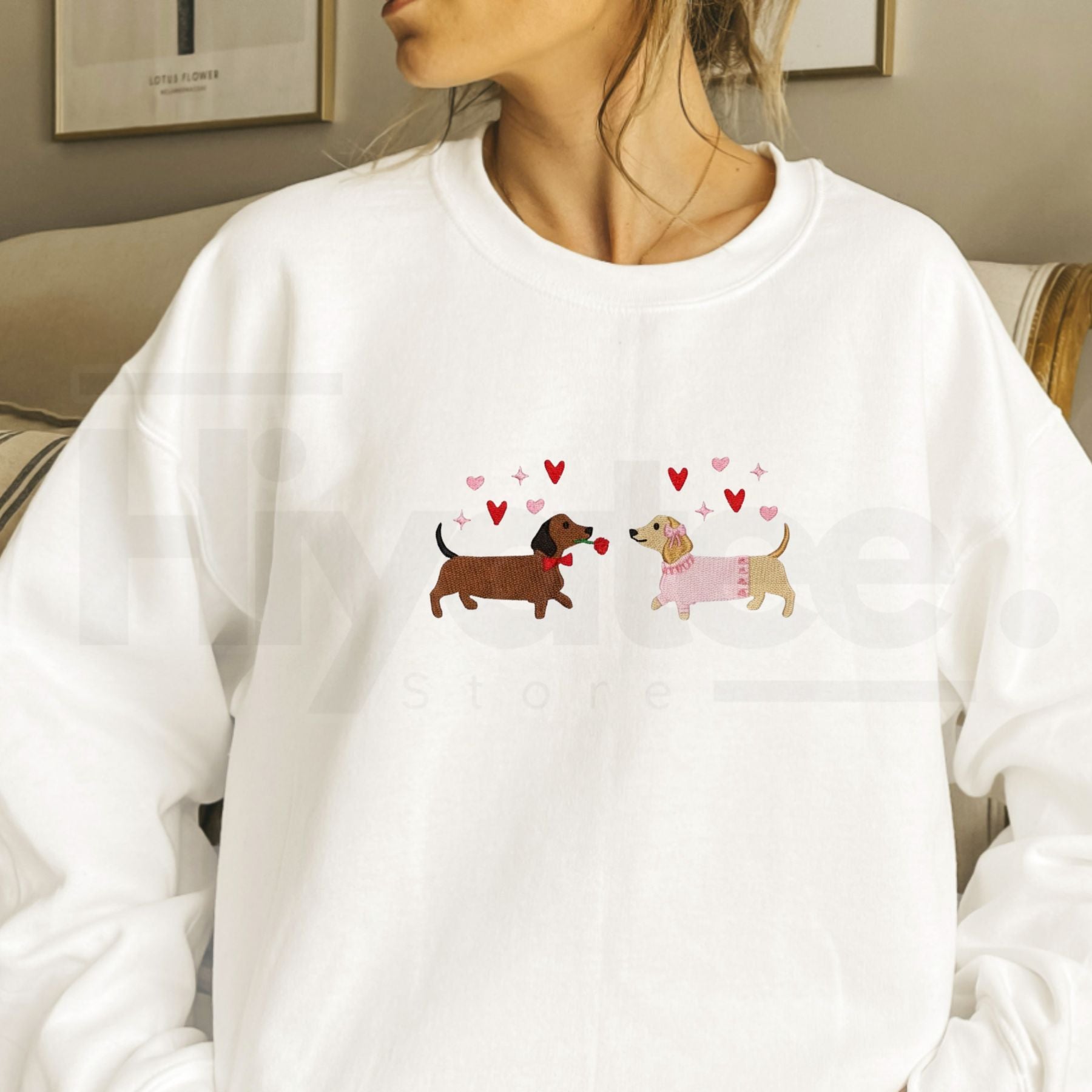 Embroidered Dachshund Valentine’s Day Sweatshirt: Cute Hearts Dog Crewneck - Hiyatee