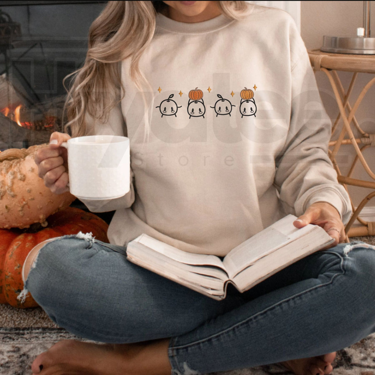 Embroidered Junimos with Pumpkins Sweatshirt – Stardew Valley Cozy Fall Gamer Crewneck, Cottagecore Pumpkin Patch Pullover - Hiyatee