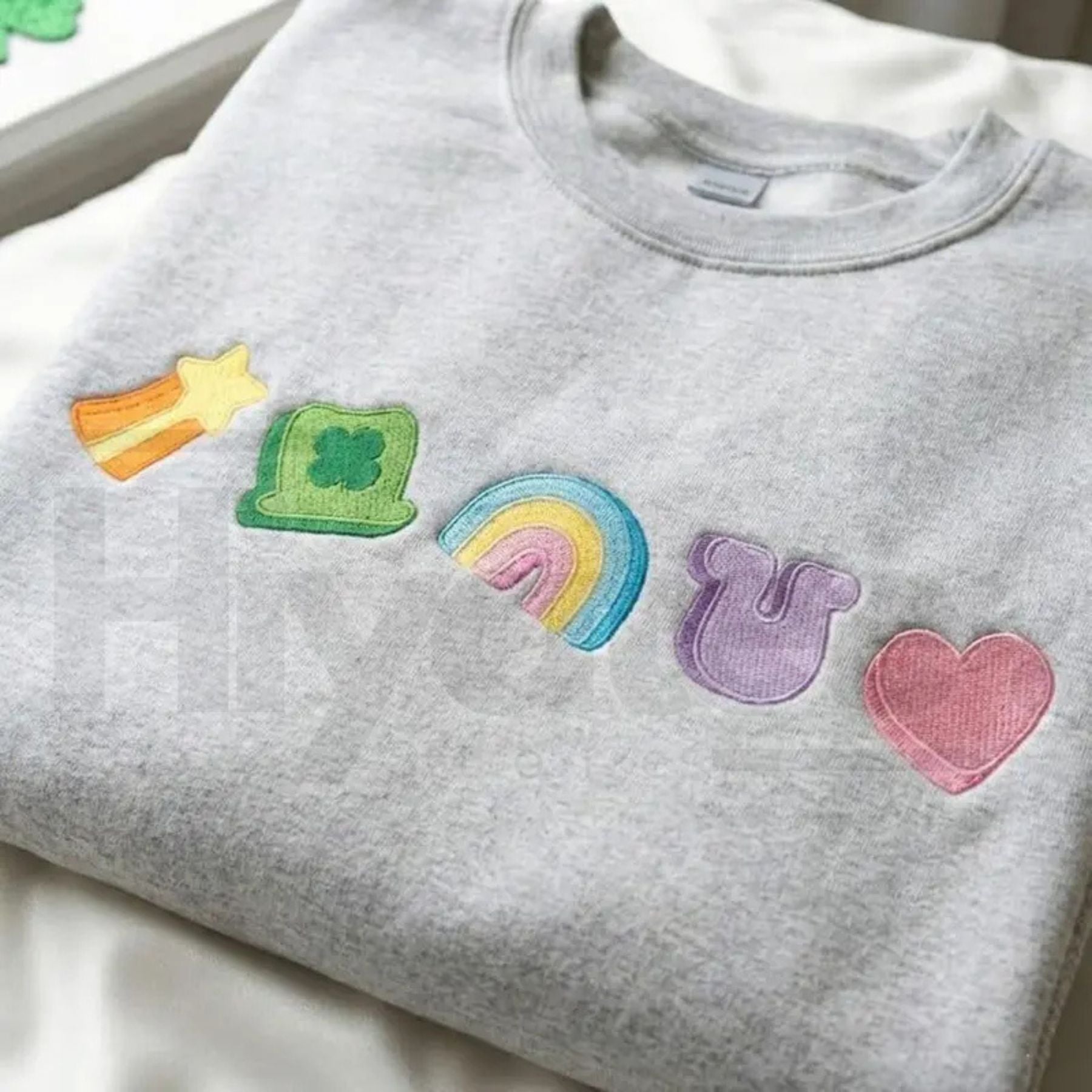 Embroidered Lucky Charm St. Patrick’s Day Sweatshirt – Shamrock & Rainbow Irish Crewneck - Hiyatee