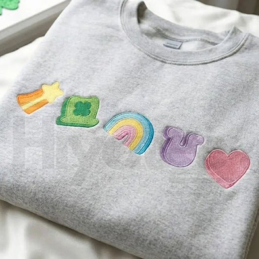 Embroidered Lucky Charm St. Patrick’s Day Sweatshirt – Shamrock & Rainbow Irish Crewneck - Hiyatee