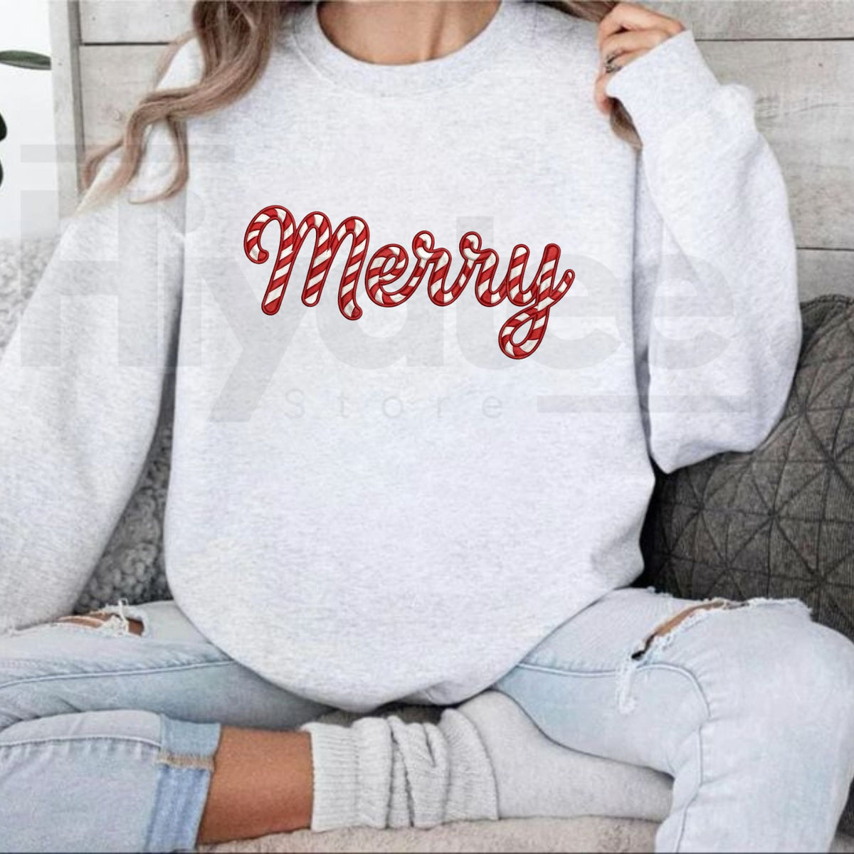 Embroidered Merry Christmas Sweatshirt, Candy Cane Holiday Graphic Pullover - Hiyatee