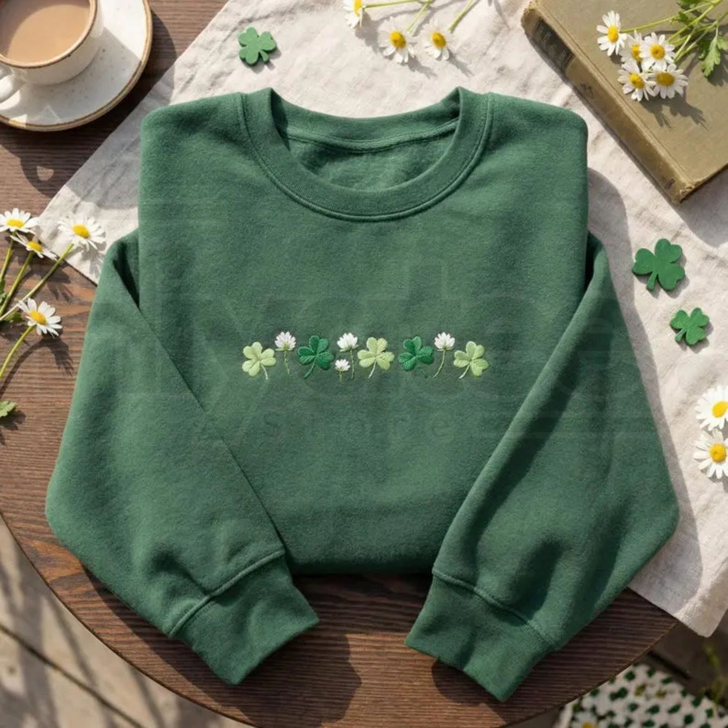 Embroidered Shamrock Meadow St. Patrick's Day Crewneck – Lucky Irish Floral Sweatshirt - Hiyatee