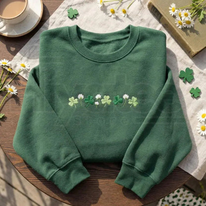 Embroidered Shamrock Meadow St. Patrick's Day Crewneck – Lucky Irish Floral Sweatshirt - Hiyatee