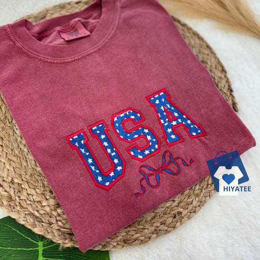 Embroidered USA Bow Coquette Shirt – Classic American Style -Hiyatee