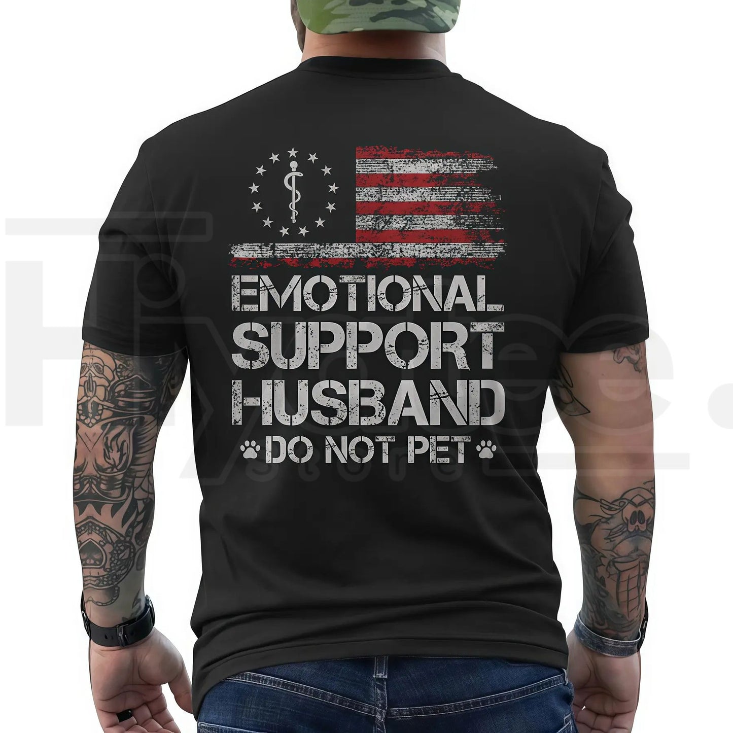 "Emotional Support Husband" – USA Flag Motif Graphic Apparel - Hiyatee