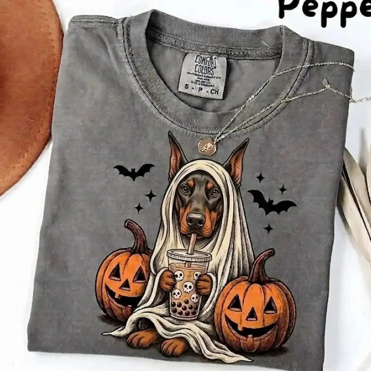 Comfort Colors Pepper Dog Shirt Custom Ghost Boba Tea Halloween Tee