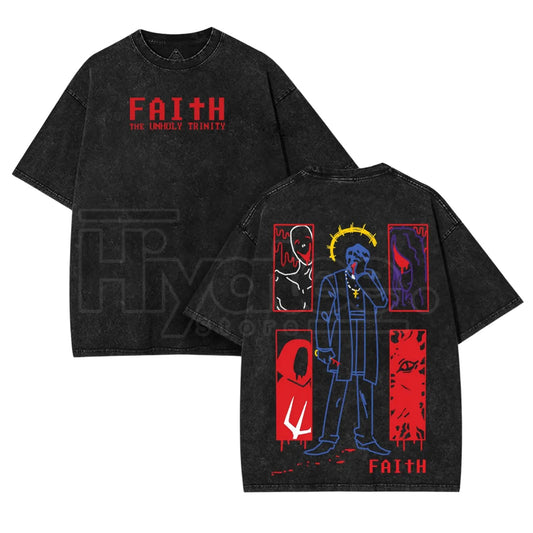 FAITH Horror Game T-Shirt – Vintage Washed Heavyweight Cotton, Retro Pixel Exorcist Tee - Hiyatee