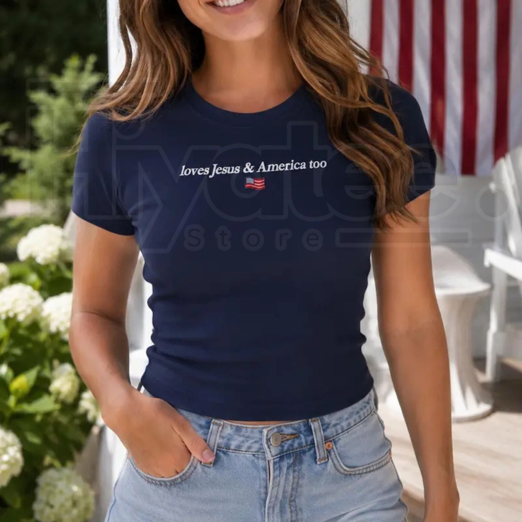 Faith & Freedom Baby Tee – Women's Patriotic Christian Graphic Shirt, Embroidered Jesus & America Fitted Crewneck - Hiyatee