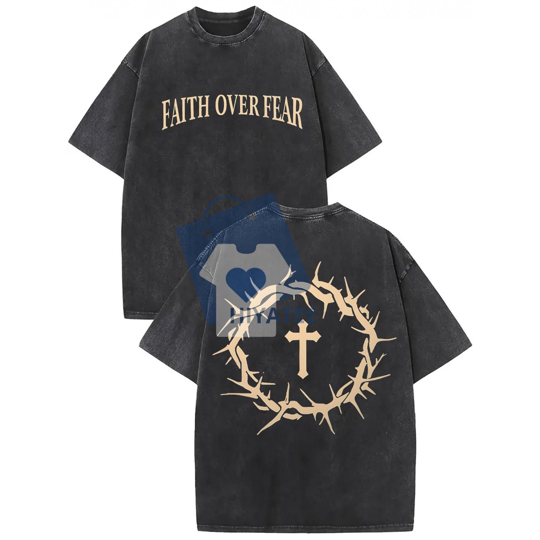 Faith Over Fear Vintage T-Shirt – High Quality Washed Cotton Tee, Christian Graphic Shirt for Men, Casual Summer Drop Shoulder Fit-Hiyatee