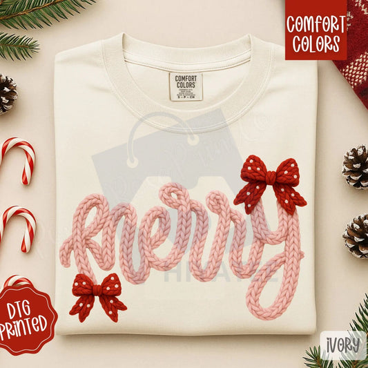 Faux Knit Merry Shirt Comfort Colors – Trendy Women's Christmas T-shirt, Vintage Knit Style Holiday Tee - Hiyatee