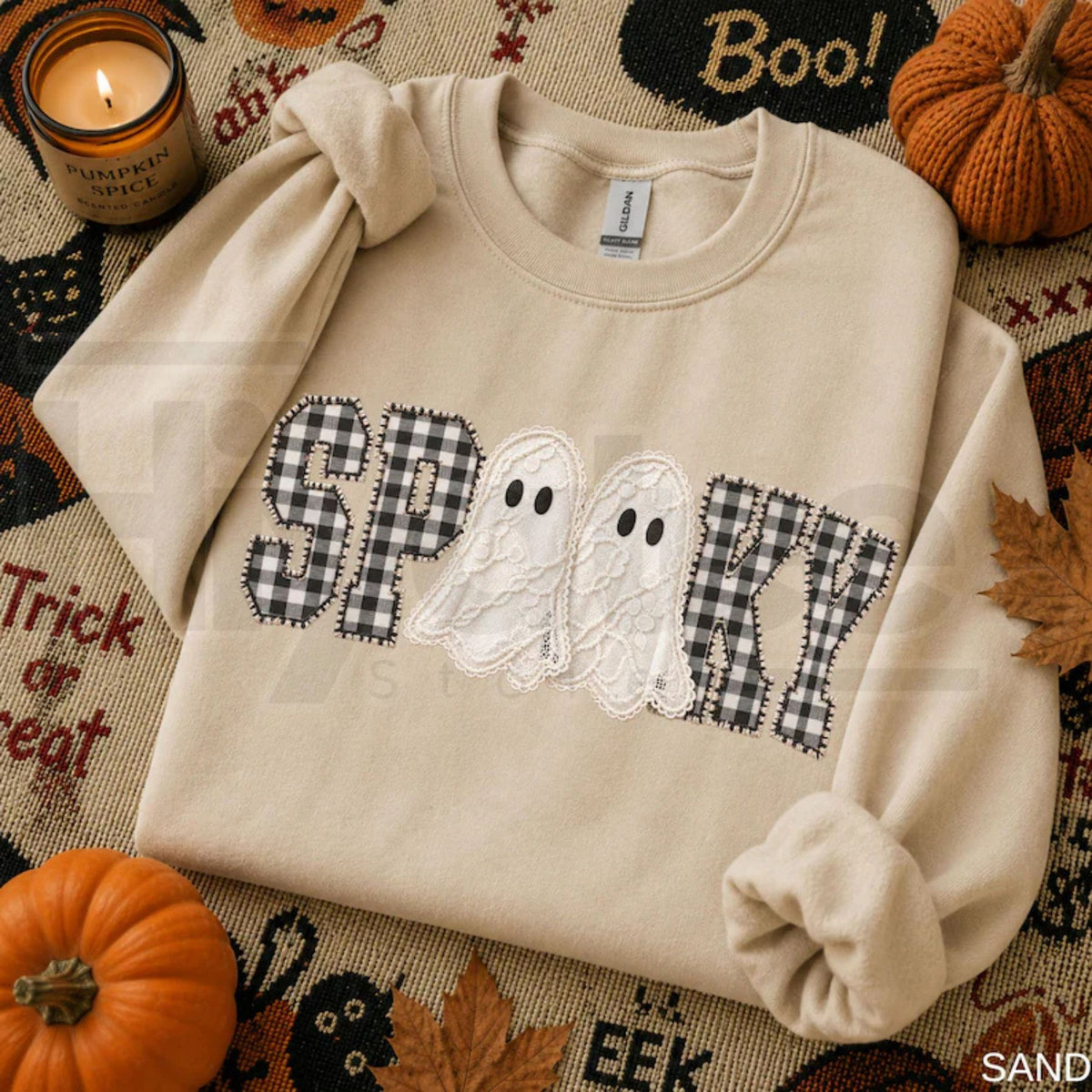 Faux Patchwork Spooky Ghost Sweatshirt – Cozy Fall Halloween Gingham Applique Crewneck - Hiyatee