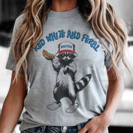 "Feral Patriot" – Vintage USA Raccoon & Hot Dog Party Graphic Top - Hiyatee