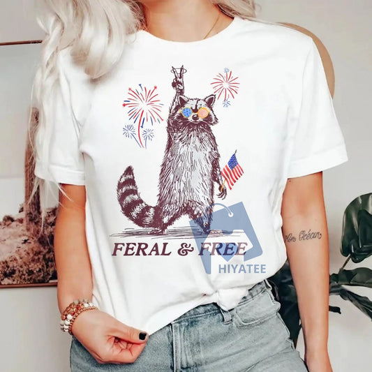 Feral and Free Raccoon T-Shirt – Funny USA ‘Merica 4th of July Tee, Red White & Trash Style-Hiyatee