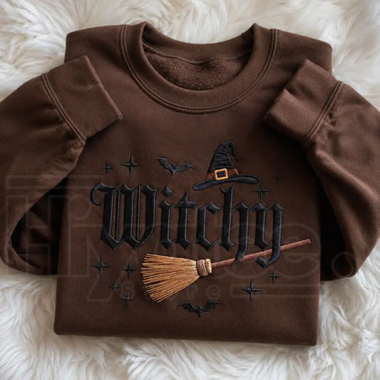 Filmyhub Embroidered Witchy Halloween Sweatshirt – Bat & Broomstick Costume Crewneck - Hiyatee