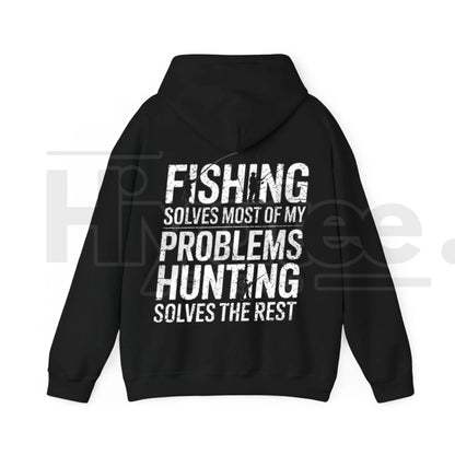 "Fishing Solves Most of My Problems" Hoodie – Funny Back Printed Hunter & Fisherman Gift, Men’s Outdoor Pullover - Hiyatee