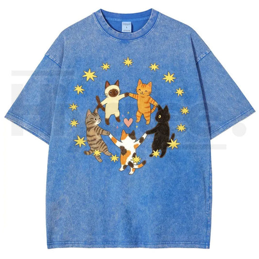 Five Holding Hands Circle Cats Yellow Star Heart Vintage Washed Tee – Y2K Aesthetic Cute Graphic Shirt - Hiyatee