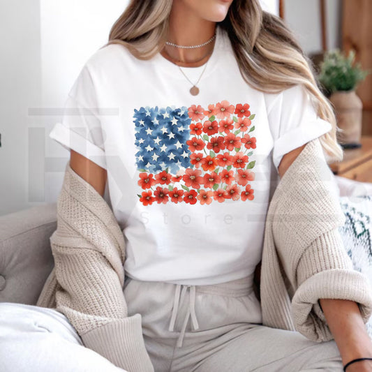 Floral American Flag T-Shirt – Patriotic Red Poppy 4th Of July Women's Tee - Hiyatee