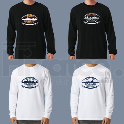 Football City Skyline Long Sleeve Tee | Game Day City Gridiron Graphic Shirt for Men & Women - Hiyatee