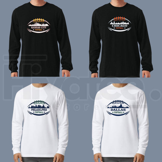 Football City Skyline Long Sleeve Tee | Game Day City Gridiron Graphic Shirt for Men & Women - Hiyatee